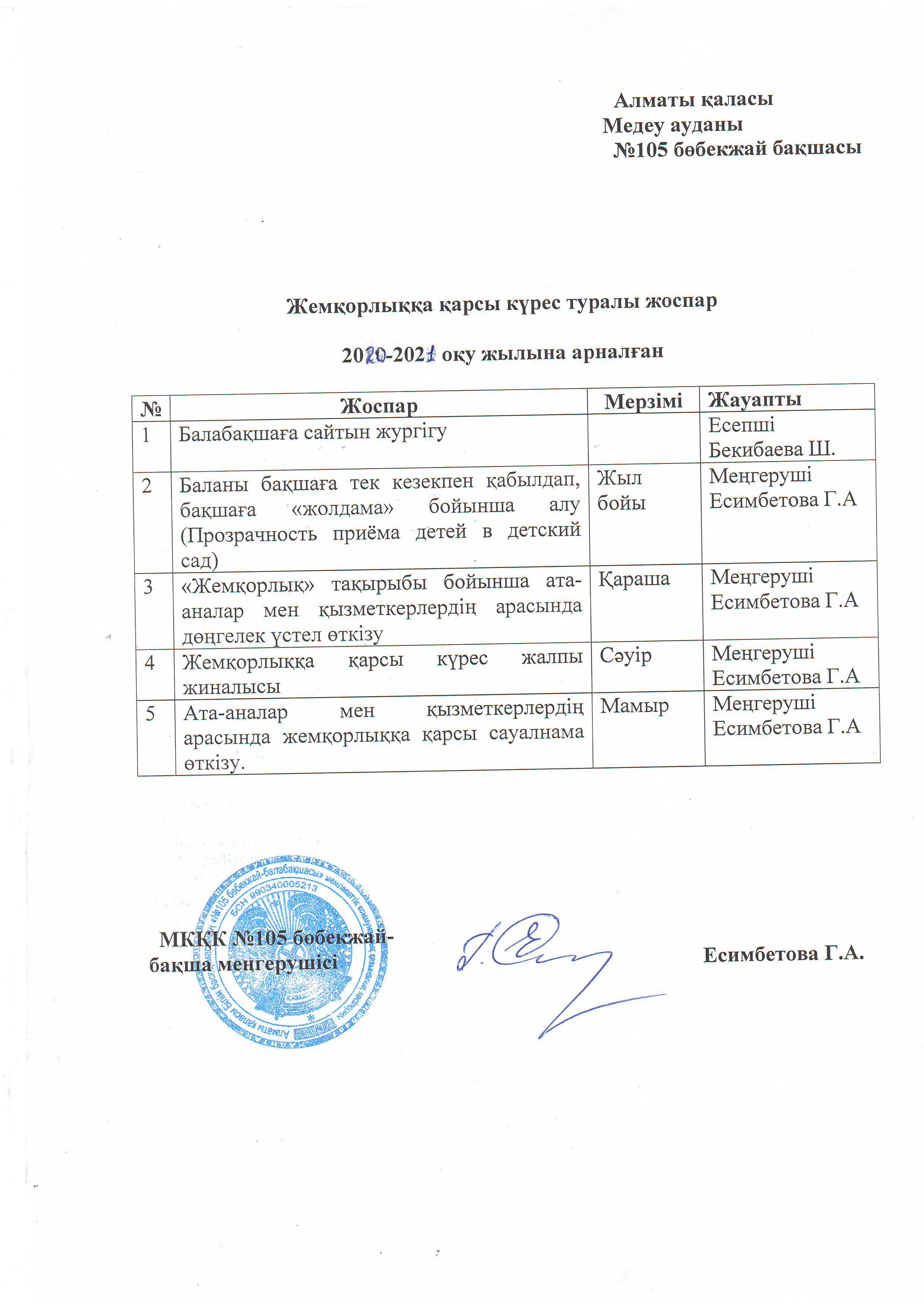Жемқорлыққа қарсы күрес туралы жоспар 2020-2021