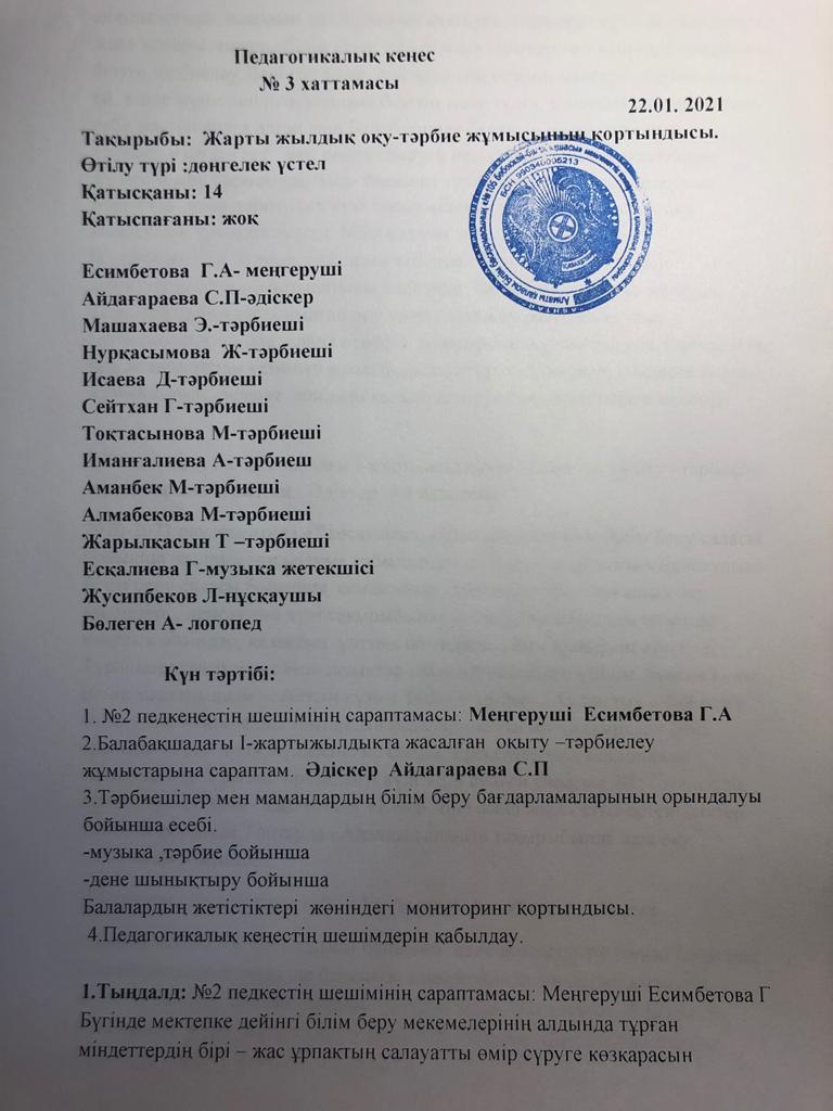Педагогикалық кеңес №3        22.01.2021 ж