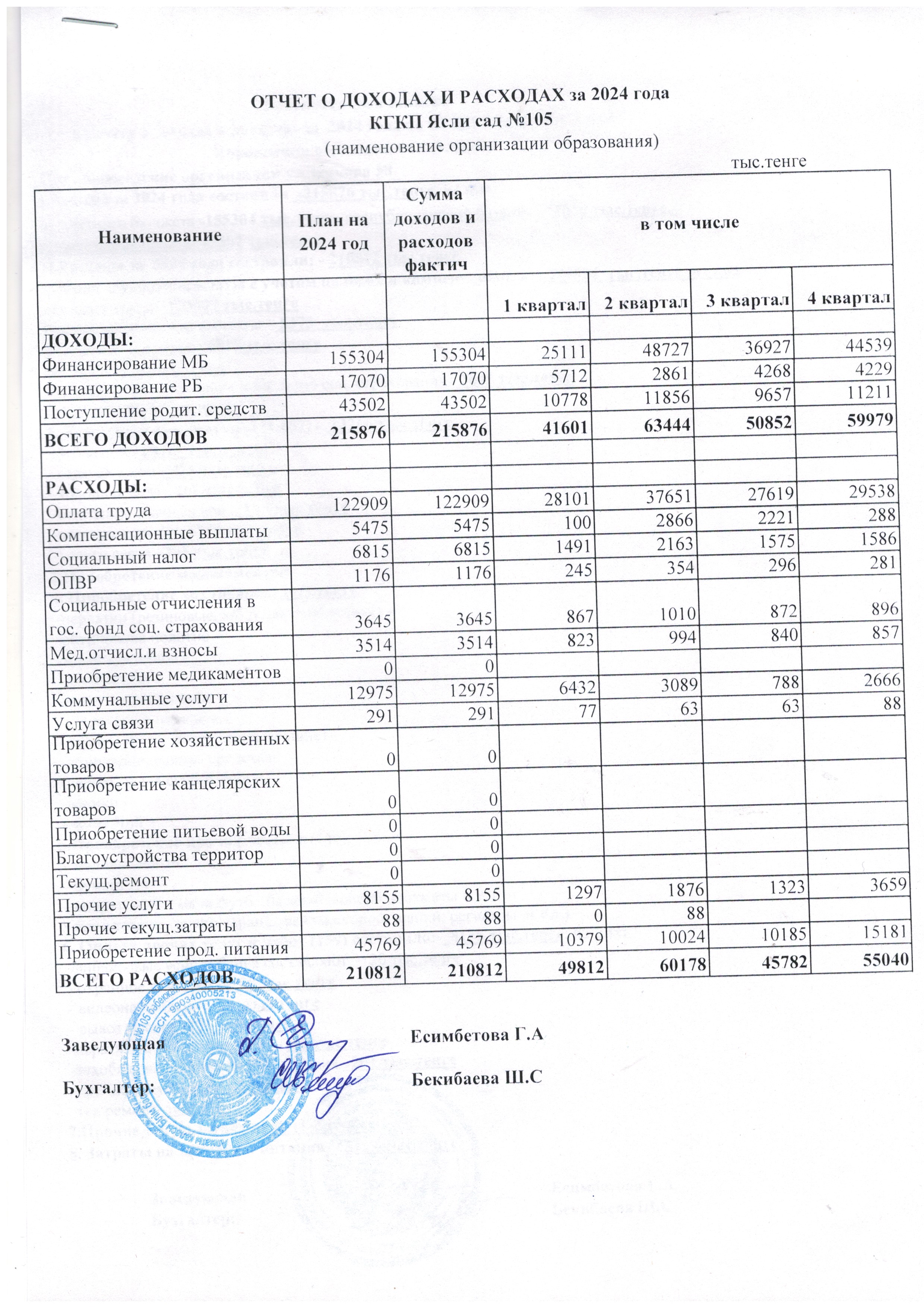 Отчет о доходах и расходах за 2024 года