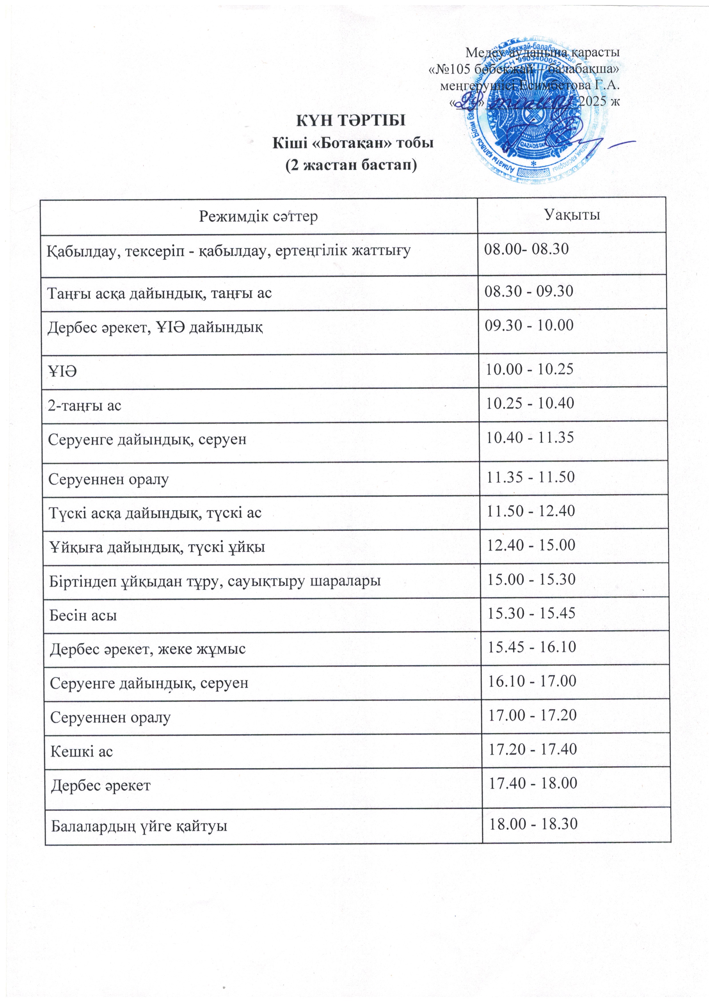 Күн тәртібі 2025-2026 оқу жыл